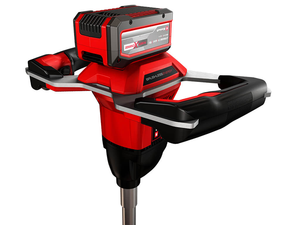 Einhell cordless earth auger with robust two-hand grip with reinforced steel frame.